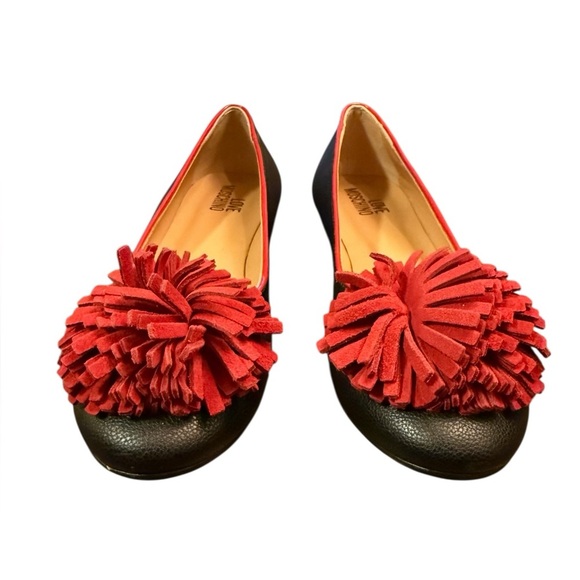 Love Moschino Red Puff Pom Pom Black Leather Flats Size 38/ US 8 - Picture 3 of 10